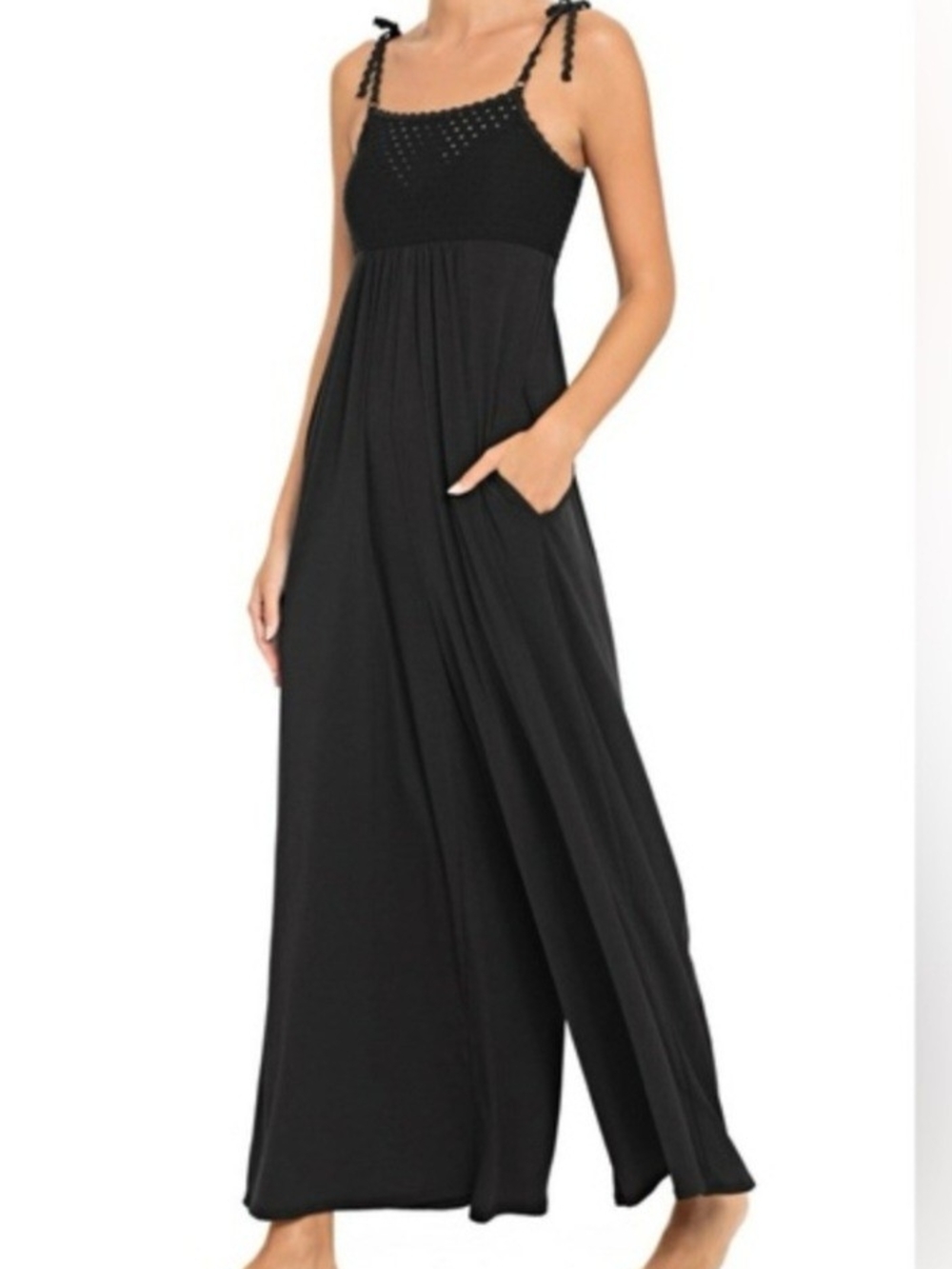 Robin Piccone Black Maxi Dress with Crochet Bodice Swim Coverup Jumpsuit (D124)
